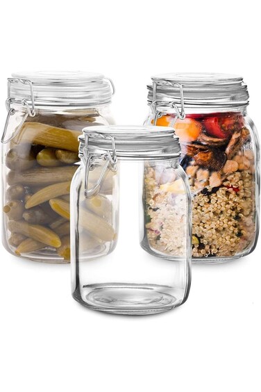 Set of 3 Clear Glass Jars with Lid (1 Litre)   Airtight Glass Storage Container for Food, Flour, Pa