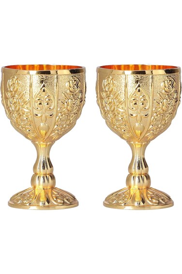 Mini Golden Goblet 2Pcs - Retro European Style Gold Goblet - Brass Embossed Goblet Cup, Solid Metal