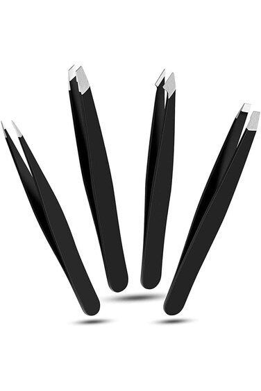 Joyzzz Tweezers Set, 4 PCS Black Stainless Steel Precision for Women and Men, Eyebrow Tweezers for