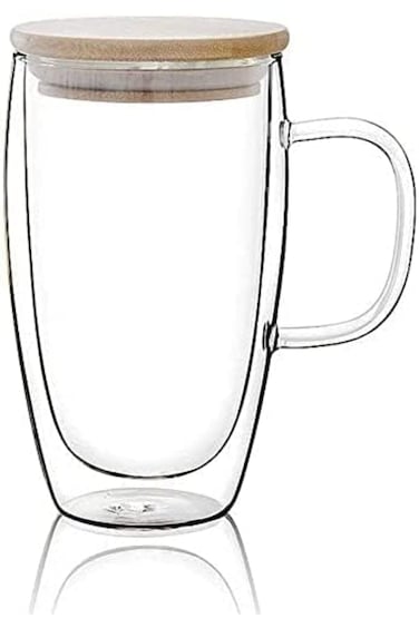 Double Walled Glass Coffee Cups with Handle and with Bamboo Lid 350ml, Insulated Coffee Mugs Perfec