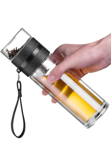 HOOKOR 450ML Double Wall High Borosilicate Glass Water Bottle,Tea and Water Separation Tea Bottle,M