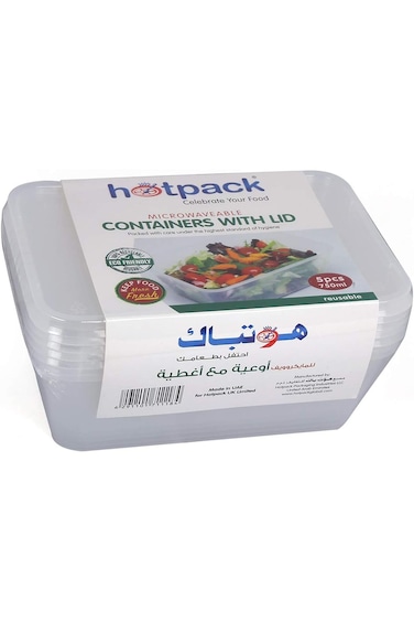 Hotpack Microwavable Container W/Lid Rectangular 750Ml 5Pcs