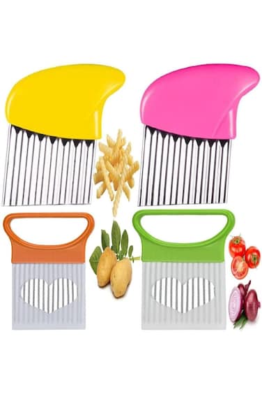 4Pcs Crinkle Cut Tool Set, Stainless Steel Tomato Lemon Potato Vegetable Holder Slicer Cutter Tool