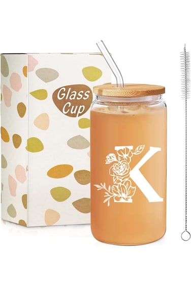 كوب زجاجي بأحرف أولى، هدايا نسائية، 16 أونصة، قهوة مثلجة، كوب زجاجي لعصير البيرة مع