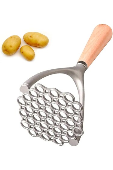 هراسة متينة، هراسة بطاطس مصنوعة من سبائك الألومنيوم بمقبض خشبي غير قابل للانزلاق، أداة مطبخ يدوية/هرس طعام