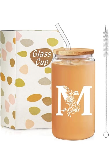 كوب زجاجي بأحرف أولى، هدايا نسائية، 16 أونصة، قهوة مثلجة، كوب زجاجي لعصير البيرة مع