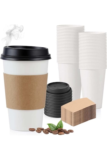أكواب قهوة ورقية من هارثوود، سعة 12 أونصة، مزودة بأغطية - عبوة من 50 كوبًا، باللونين الأبيض والأسود للاستخدام مرة واحدة