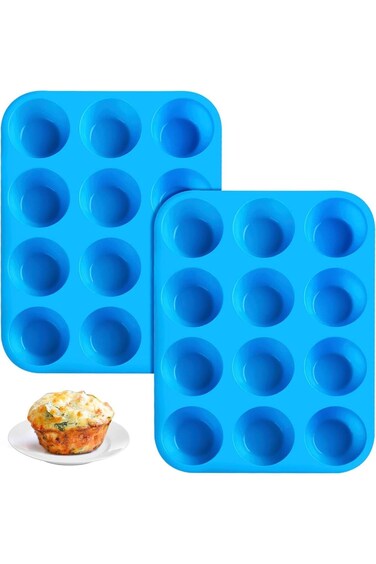 Muffin Tray Silicone,12-Cup Non-Stick Cupcake Mold for Baking &amp; Freezing (Blue)