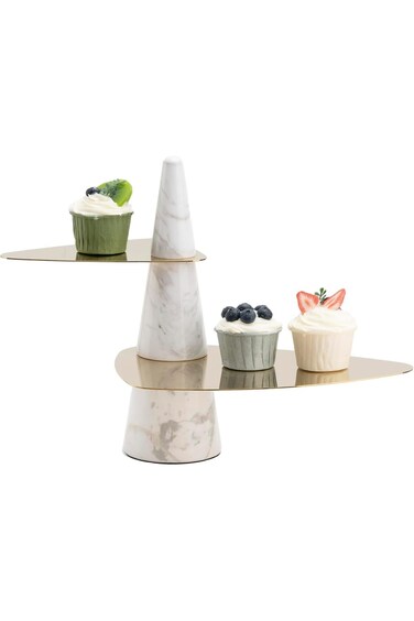 حامل كب كيك مخروطي فاخر من YiMeiSi مكون من طبقتين - حامل كيك من الرخام الأبيض مع صينية ذهبية - قهوة أنيقة