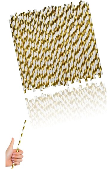 Sweet seven Glittering Gold and White Striped Paper Straws - 100 Pack for, Birthday, Wedding, Party
