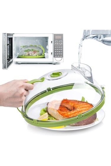 غطاء ميكروويف TRASSLE للطعام، غطاء شفاف للميكروويف مع جهاز بخار الماء ومقبض، 25 درجة مئوية