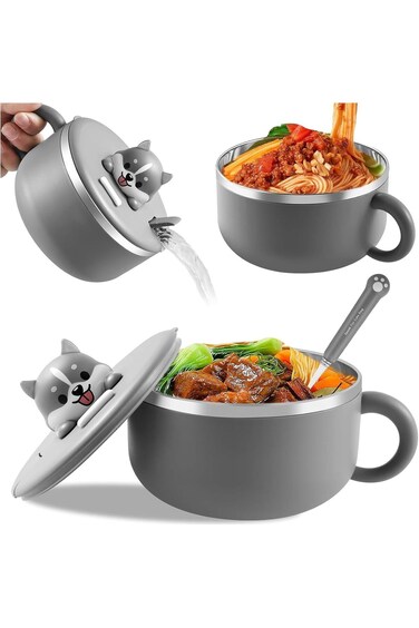 وعاء نودلز تزوق، وعاء كرتوني هاسكي مع غطاء، وعاء نودلز فوري من الفولاذ المقاوم للصدأ، معزول