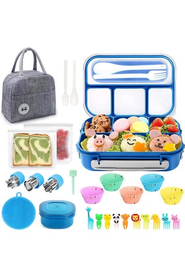ALMEKAQUZ 27 PCs Bento Box Lunch Box Kit, Stackable 3-in-1 Compartment Japanese Lunch Box Set w/Sou