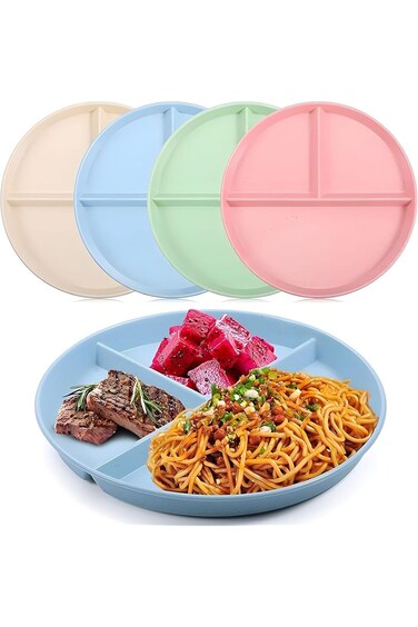 Divided Plates, 4 Pcs Reusable Round Wheat Straw Meal Plate with 3 Compartments, 9 inch Unbreakable