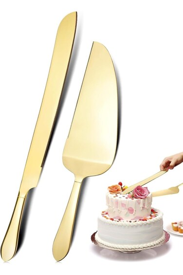 طقم تقطيع الكيك JWWYJ (قطعتان)، سكين كيك الزفاف من الفولاذ المقاوم للصدأ وملعقة التقديم، كيك وبي