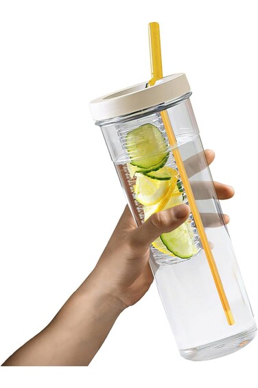 Fruit Infuser Water Bottle, Clear Water Bottle with Straw Flip-Up Lid Gym Water Bottle, Shatter Pro