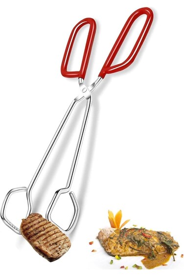 Kitchen Tongs, 10-Inch Stainless Steel Scissor Tongs with Comfortable Red Handle, Heavy Duty Metal