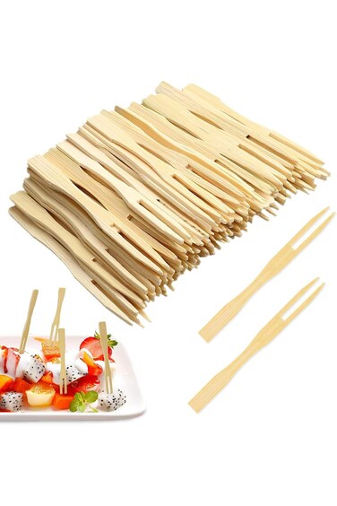 200PCS Wooden Fruit Forks, Two Prongs Fruit Forks Disposable Cocktail Food Picks Bamboo Party Forks