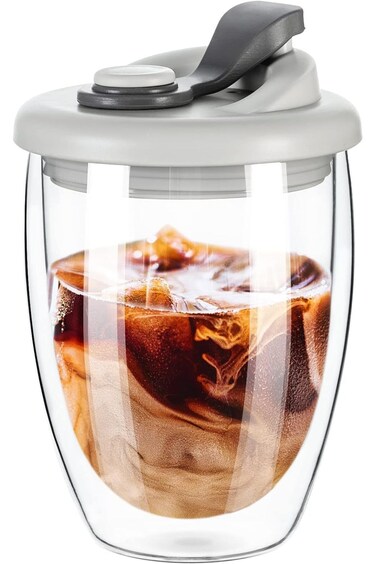 Durku Double Wall Glass Coffee Mug, Glass Coffee Cup with Silicone Lid Insulated Coffee Mug, High B