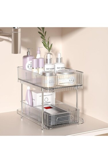 منظم خزانة الحمام TRASSLE، منظم ومساحة تخزين شفافة قابلة للسحب من طبقتين تحت الحوض، متعدد الاستخدامات