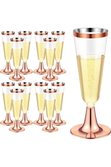 MAKINGTEC Plastic Champagne Flutes, Gold Plastic Cups - 5OZ Plastic Champagne Glasses With Gold Rim