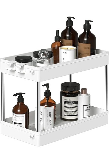 منظم TRASSLE أسفل الحوض، منظم تخزين أسفل حوض الحمام، سلال تخزين حمام من طبقتين