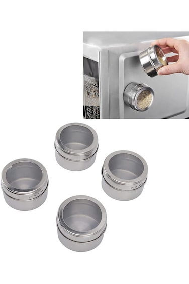 ALMEKAQUZ 4 Pack Magnetic Spice Jars, Stainless Steel Containers with Clear Sift and Pour Lids for