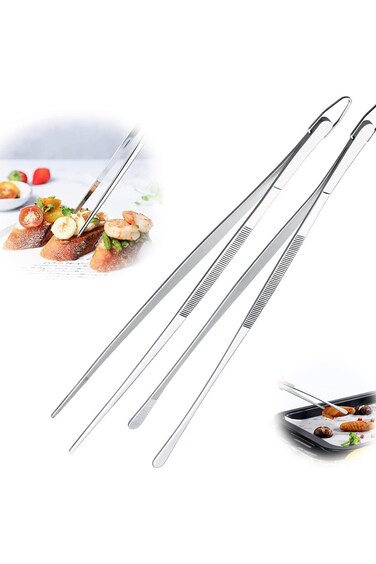 Khazna Cooking Tweezer Tongs, Stainless Steel 12" Kitchen Pointed Round Head Tweezers with Precisio