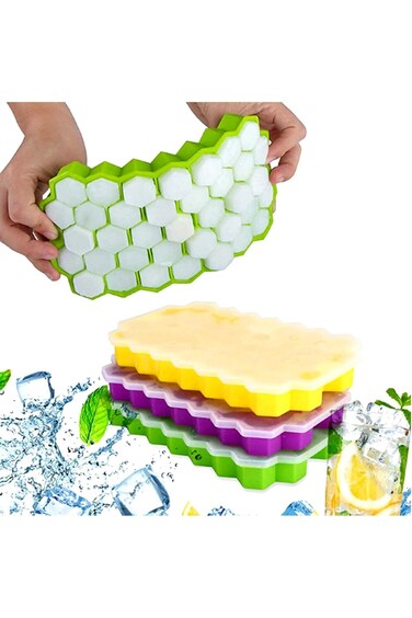 Showay Honeycomb Reusable Ice Cubes Tray, Bundle (Pack of 3 - Yellow, Green and Purple), Silicone S
