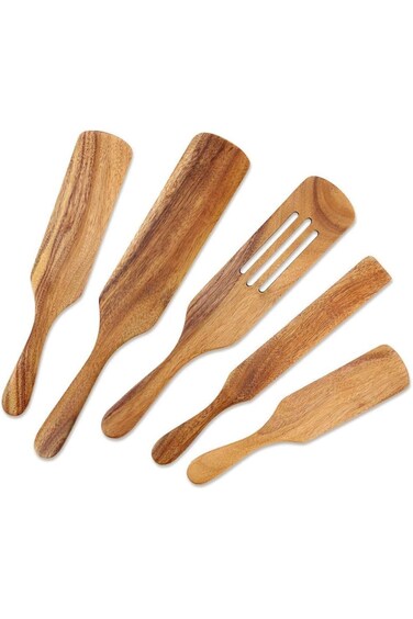 SupWolf Wooden Cooking Utensils, Wooden Spatulas Set As Seen On TV, 5 Pcs Natural Wood Spurtle Kitc