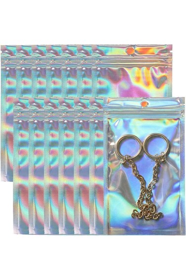 Paporich 100PCS Resealable Storage Bags Holographic Packaging Bags for Jewelry, Snack, Food Storage