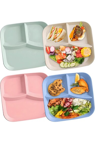 Bolivia's Divided Plates, 4 Pcs Unbreakable Wheat Straw Meal Plate, 10 inch Reusable Plastic Dishes