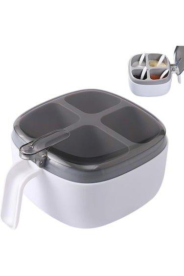 Tazweeq Seasoning Box, Spice Container with Lid and Spoon, 4 Compartment Spice Pots with Handle, ki