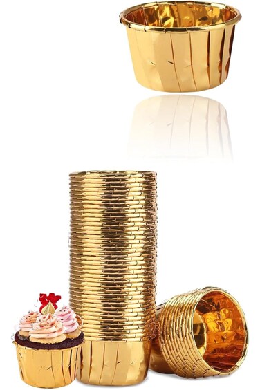 Sweet seven Elegant Gold Cupcake Liners - 50pcs Disposable Foil Muffin Cups for Baking - Premium Al