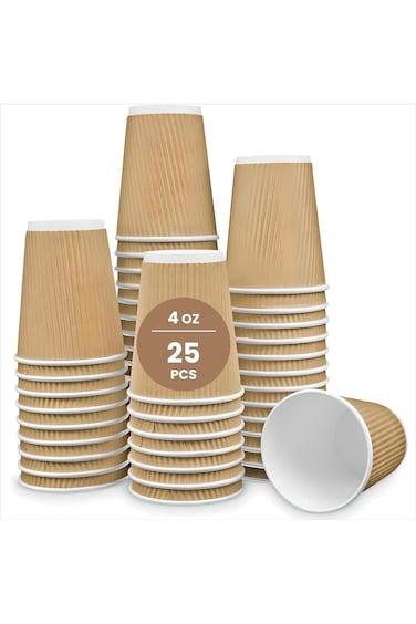 LINA STAR 4oz Golden Brown Ripple Paper Cups (25 Pack)   Triple-Layer Insulated Disposable Espresso