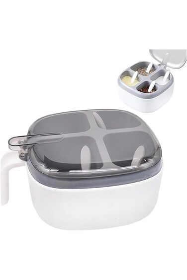 Tazweeq Seasoning Box, Spice Container with Lid and Spoon, 4 Compartment Spice Pots with Handle, Ho