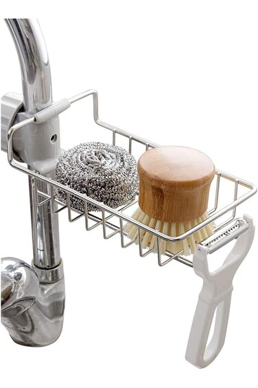 Stainless Steel Sink Caddy Organizer - Sponge Holder, Soap Brush, Dishwashing Liquid Drainer, Fauce
