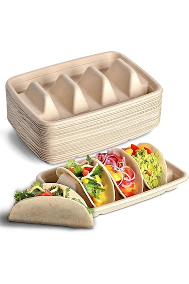Excefore 24 Pcs Disposable Taco Holders Set, Biodegradable Paper Taco Plates with Dividers, Each Ho