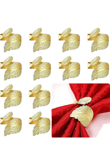 SZYYQ 12 Pieces Gold Napkin Rings Leaf Shape Napkin Rings Metal Napkin Holders for Cloth Napkins Go