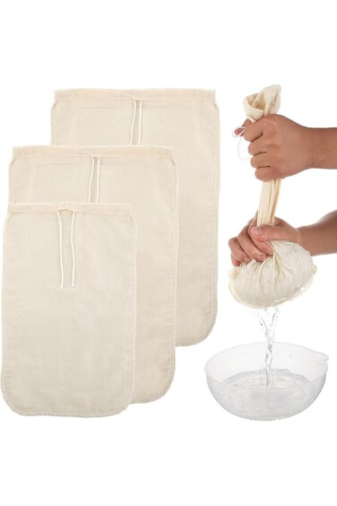 ALMEKAQUZ 3Pcs Pure Cotton Filter Bags,Nut Milk Bag Cloth Strainer,Food Grade Liquid Filter Bag,Reu
