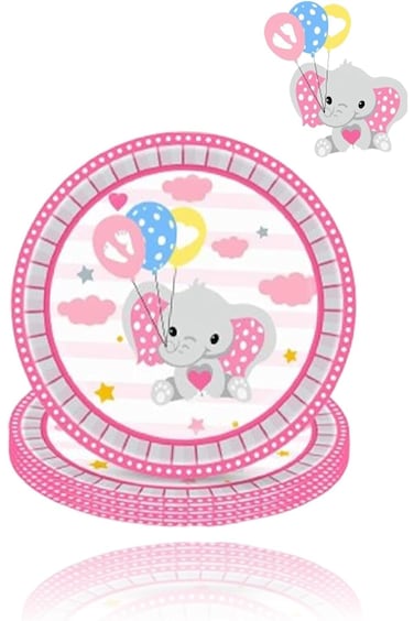 Sweet seven 8Pcs Pink Elephant Baby Shower Plates - 7 Inch Disposable Paper Plates for Girl's Newbo