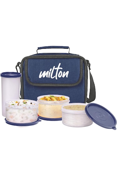 MILTON New Meal Combi Lunch Box, 3 Containers, 280 ml Each and 1 Tumbler, 400 ml, Blue   Food Grade
