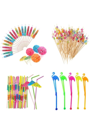 120PCS Pool Party Decorations Set, 20 PCS flamingo stirrers, 25 PCS paper umbrella drink sticks, 25