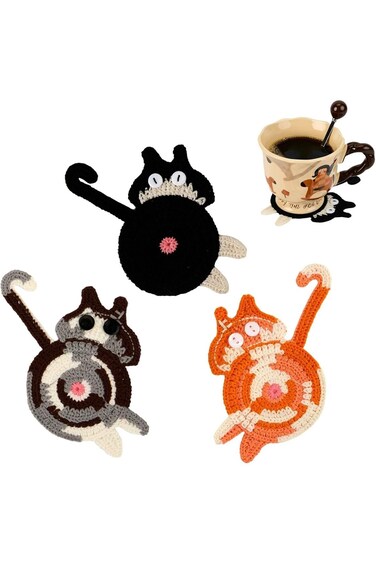 3PCS Cat Coasters, Cute Cat Gifts for Cat Lovers, Woven Creative Cat Stuff Funny Gifts, Cat Themed