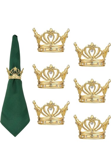 SYOSI Elegant Gold Napkin Rings Set of 6, Crown Design with Rhinestones, Hollow Out Napkin Holders