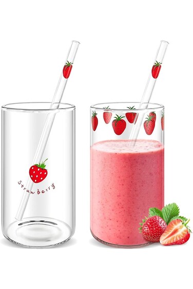 SYOSI 2 Sets Strawberry Cups Strawberry Glass Cup with Straw Lovely Glass Tumbler Strawberry Cup Cl