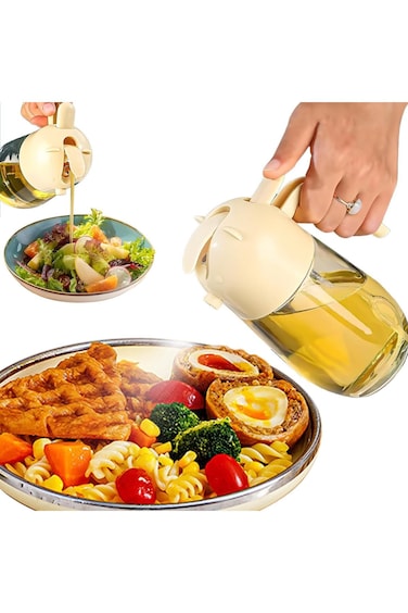 580ML Glass Oil Dispenser with Auto-Flip Lid, Kitchen Cooking Oil Bottle with Handle, Beige