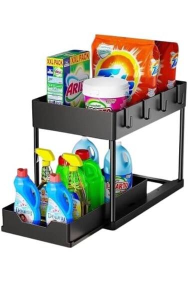 منظم ENAR أسفل الحوض - سلة تخزين منزلقة بطابقين   تخزين أسود متعدد الوظائف