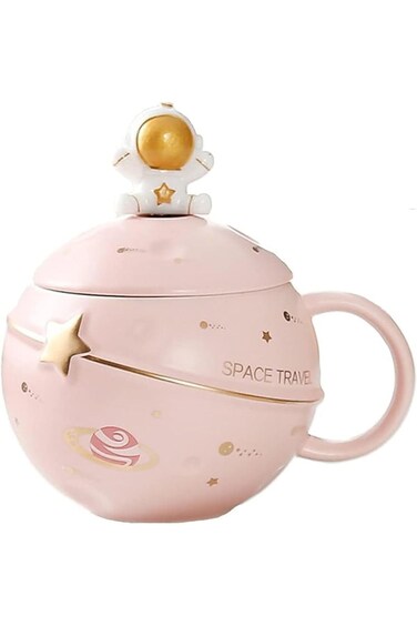 Cute Astronaut Cup Space Embossed Planet Mug, Cute Ceramic Coffee Mug, Novelty Mug with Lid and Spo