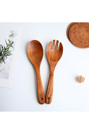 NOVOLAN Wooden Salad Spoon &amp; Fork Set - 26x6.5cm Wooden Utensils for Mixing &amp; Serving - Solid Wood
